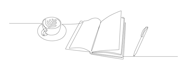 Vector opened book cup of coffee and pen in one continuous line drawing writes in diary and knowledge library concept in simple linear style editable stroke doodle vector illustration