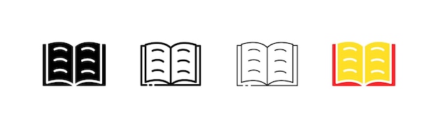 開いた本行アイコン知識データ教育ゲイン読書教科書テキスト文学フィクション ノン フィクション情報概念ベクトル白い背景の異なるスタイルで 4 つのアイコン