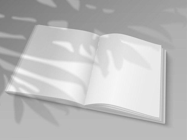 Libro aperto rivista vuota realistica con effetto sovrapposizione ombra modello di fogli di quaderno 3d pagine di blocco note di carta vuote con spazio per la copia sfumatura di foglie di piante mockup di libro di testo vettoriale