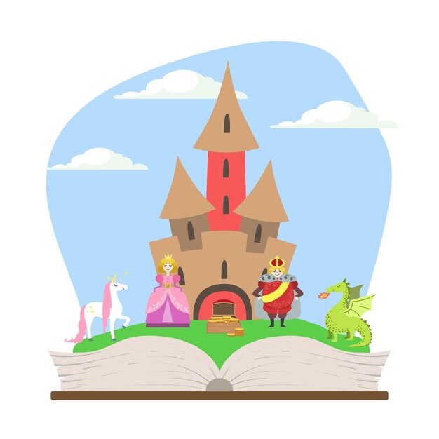 Vector opened book with magic fairytale castle prince princess unicorn and dragon cartoon vector illustration