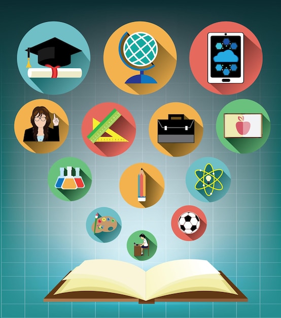 Vector opened book with modern flat education icons set