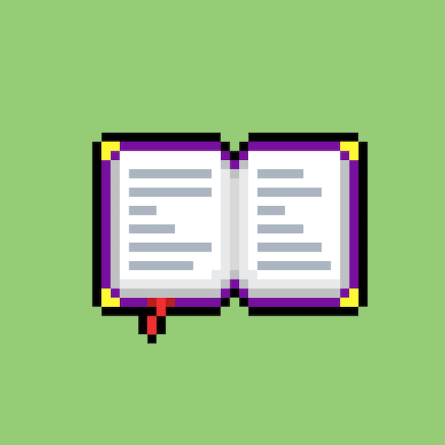 Libro aperto con stile pixel art