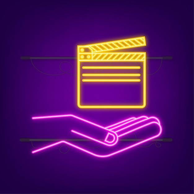 Vector opened clapperboard in hand movie clapperboard neon icon vector stock illustration