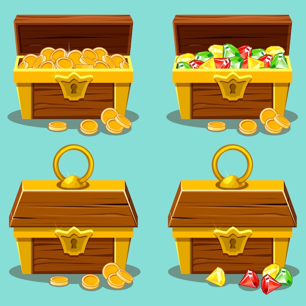 Opened and closed antique treasure chest