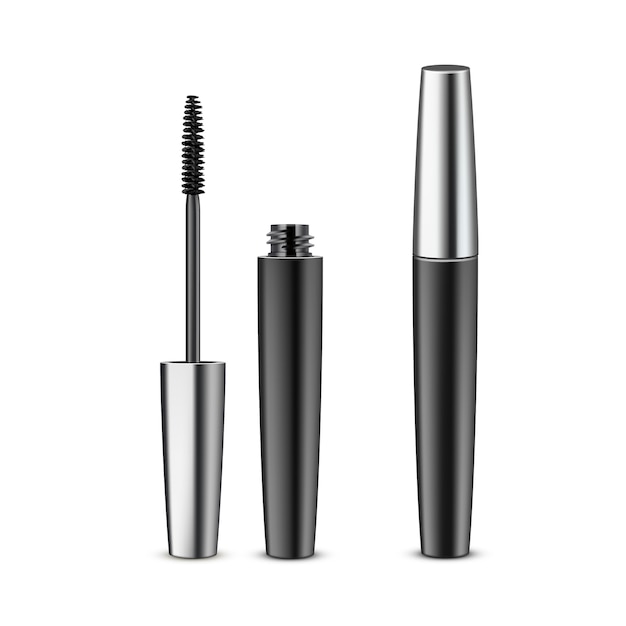   Opened Closed Black Realistic Mascara in Dark Metallic Shiny Tube Isolated on White Background