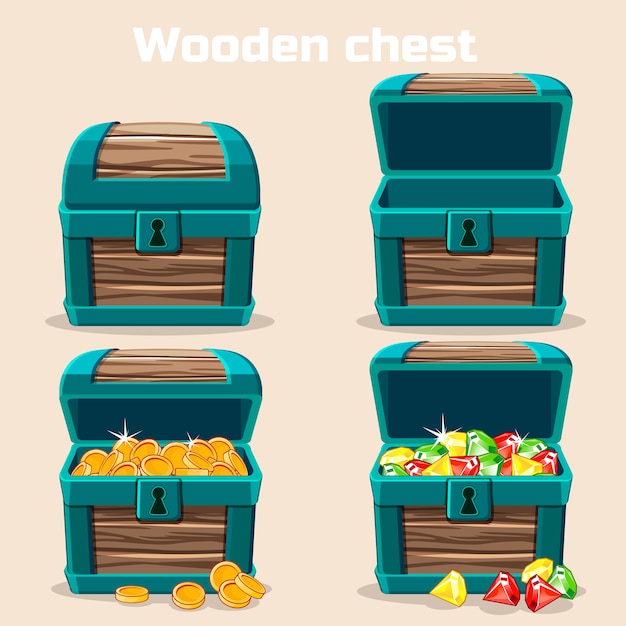 Opened and closed chest with coins, diamonds