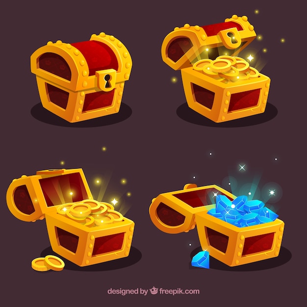 Vector opened and closed treasure box collection with flat design