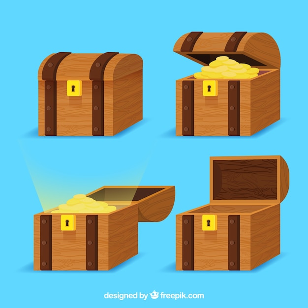 Vector opened and closed treasure box collection with flat design