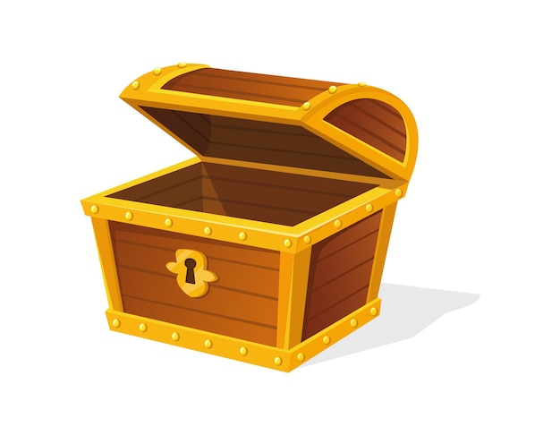 Opened crate treasure. Chest for object jewels, vector icon