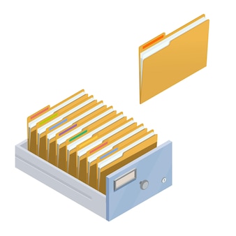 Cassetto aperto con cartelle per i file. archivio isometrico. archivia documenti.