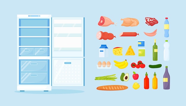 Vettore frigorifero vuoto aperto con cibo sano diverso. frigo in cucina, congelatore con carne su ripiani