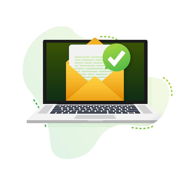 Opened envelope and document with green check mark. verification email. vector illustration.