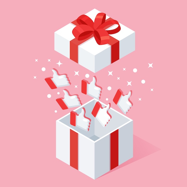 Opened gift box with thumbs up  on pink background.  isometric package, surprise with confetti. Testimonials, feedback, customer review .   