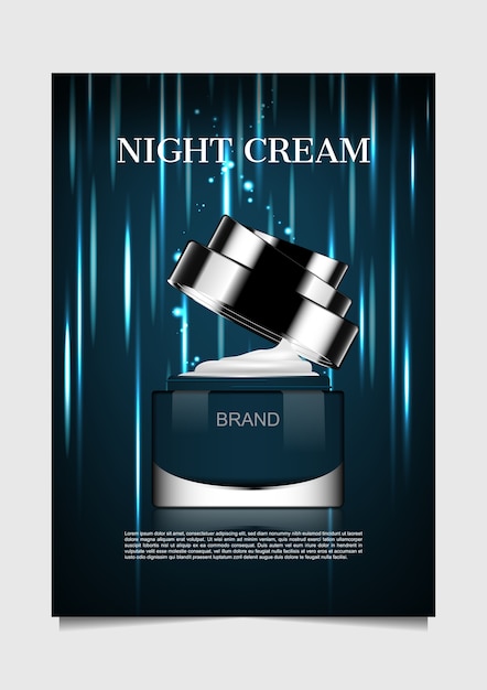 Opened night cream with falling lights on dark background