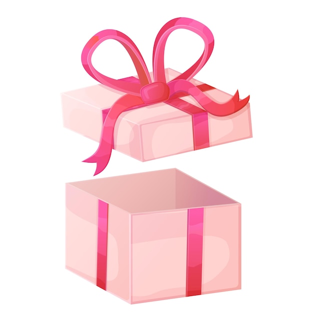 Vector opened pink box with red ribbon bow