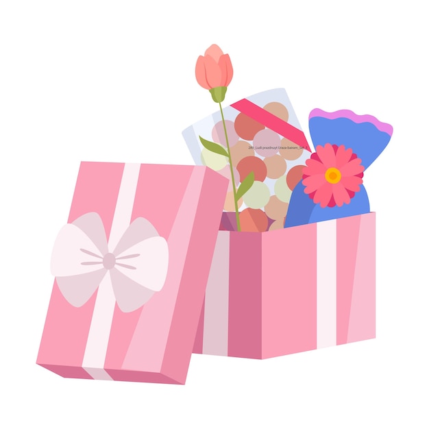 생일 xmas 결혼기념일 위해 사탕과 꽃이 있는 분홍색 선물 상자를 열었습니다.