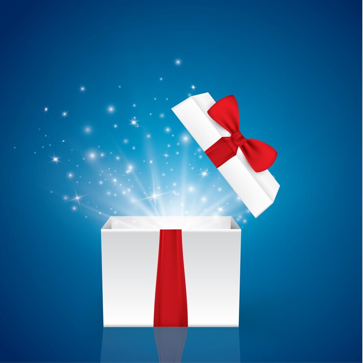 Vector opened realistic gift box with purple bow and abstract light. vector illustration. eps 10