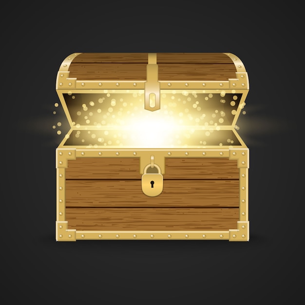 Premium Vector  Realistic open chest vintage old treasure wooden box with  golden glowing inside vector illustration