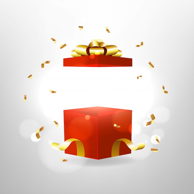 Открыт красная подарочная коробка с красным бантом и золотой лентой.