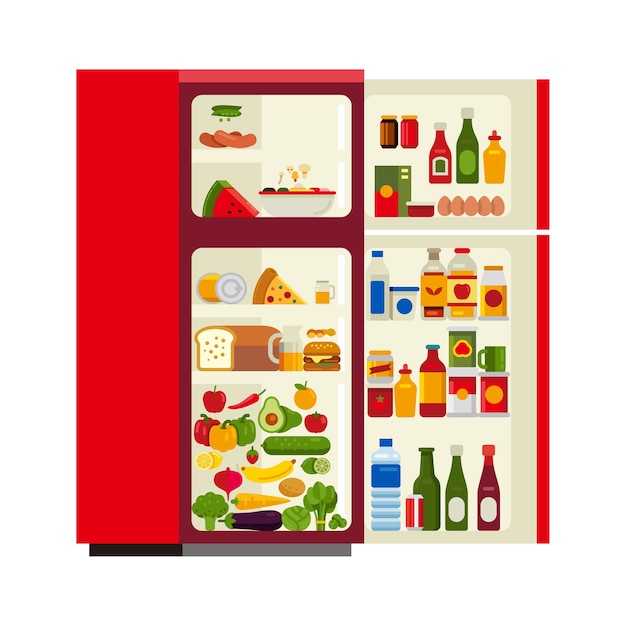 Opened refrigerator flat style vector illustration