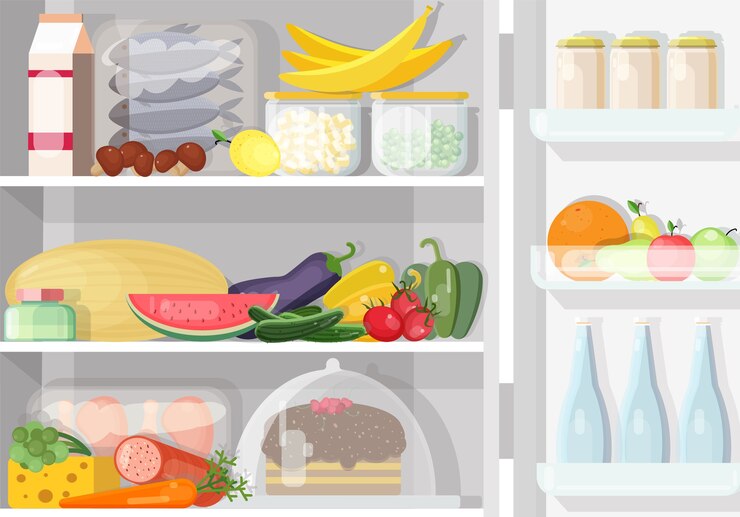 Opened refrigerator with shelves full of various daily food