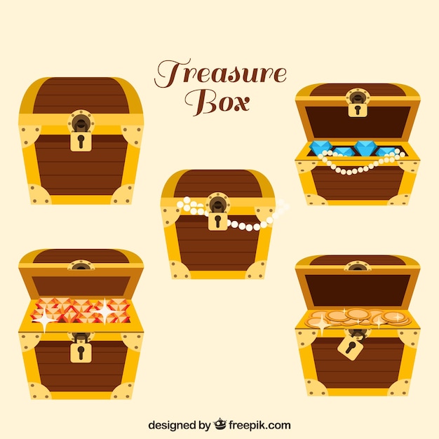 Vector openend and closed treasure boxes collection