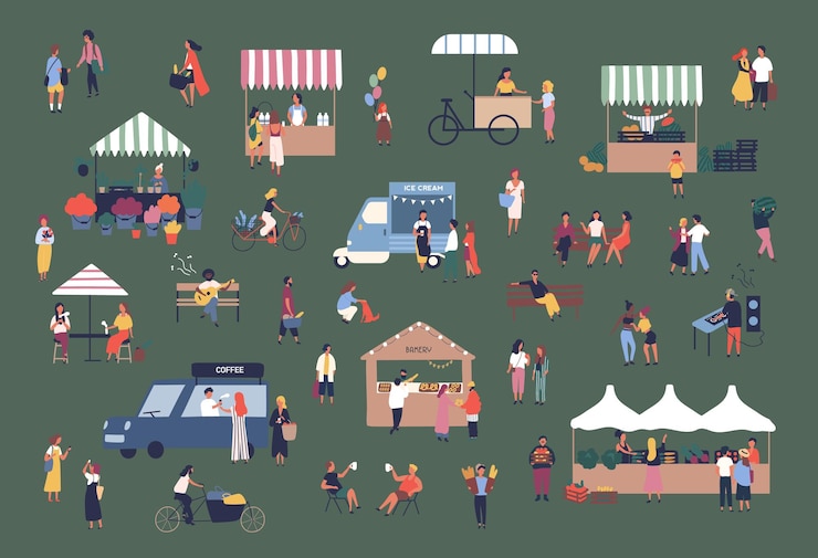 Vector openluchtbeurs, markt of straatvoedselfestival. mannen en vrouwen lopen tussen kraampjes, kiosken en busjes, kopen producten, praten met elkaar. kleurrijke vectorillustratie in platte cartoon stijl.