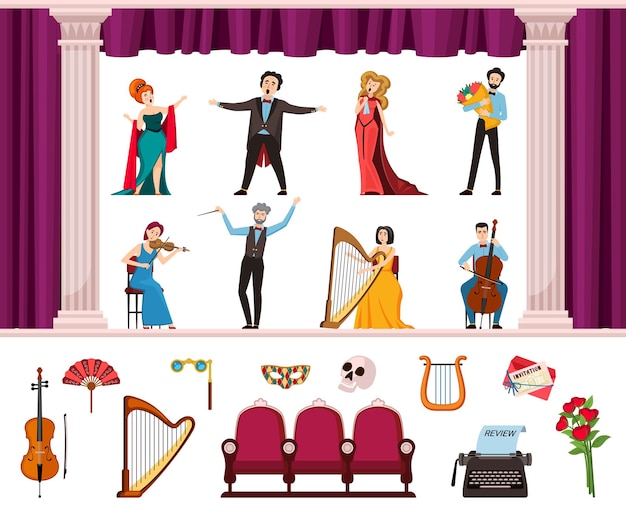 Vector opera artists classical opera musical instruments singers male and female violinist cellist vector cartoon characters