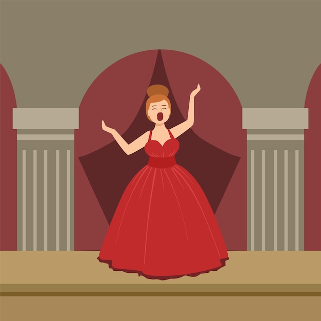 무대에서 공연하는 빨간 드레스의 오페라 가수
