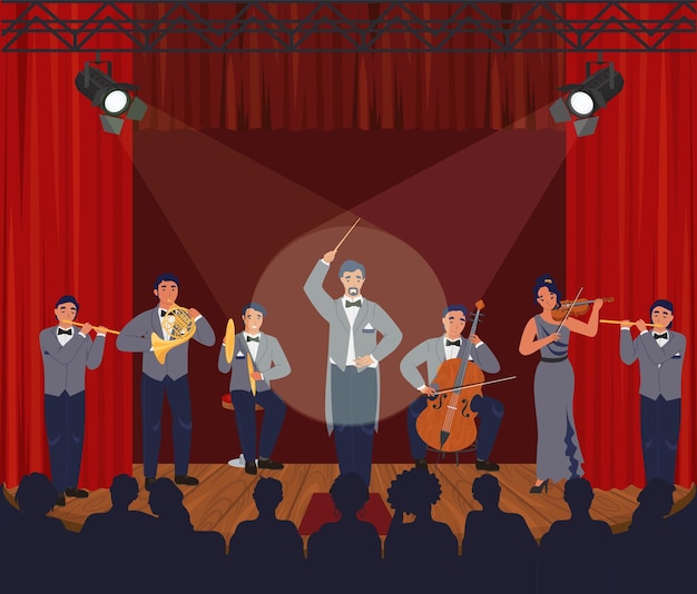 Orchestra sinfonica della scena del teatro dell'opera che si esibisce sul palco illustrazione vettoriale conce...