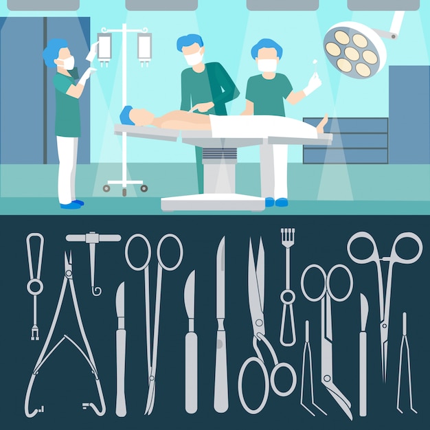 Operatie operatie. Medicinaal personeel. Ziekenzaal. Operatie opereren. Medische verzekering. Chirurgische hulpmiddelen. Chirurgische instrumenten. Vector illustratie