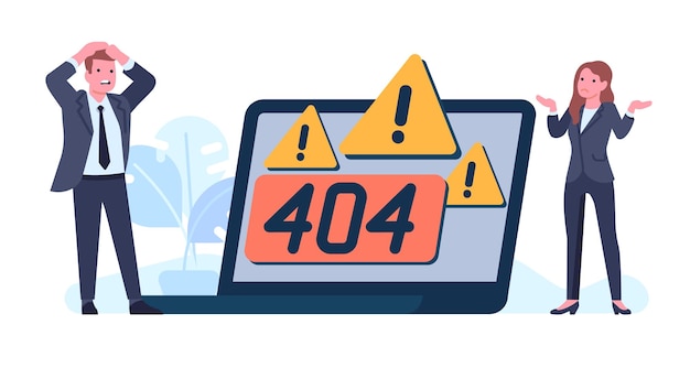 Operating system 404 error Employees work with laptop Warning symbols Wrong web page Website malfunction Broken software Confused tiny people Caution digital windows Vector concept
