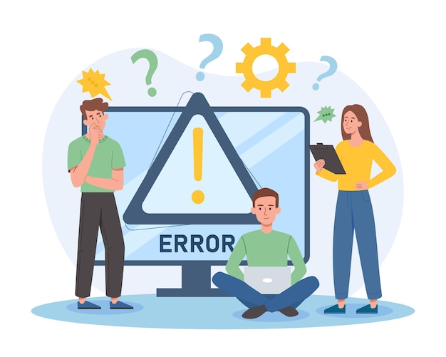 Vector operating system error men and girl looking for error in code technical problems page design