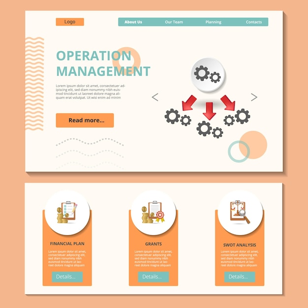 Operation management flat landing page website template financial plan grants swot analysis web