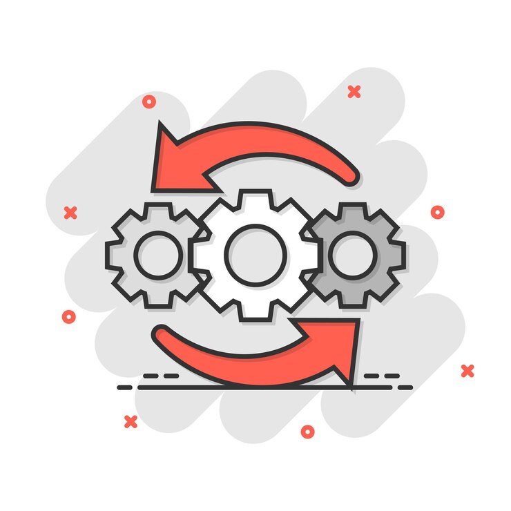 वेक्टर operation project icon in comic style gear process vector cartoon illustration on white isolated background technology produce business concept splash effect