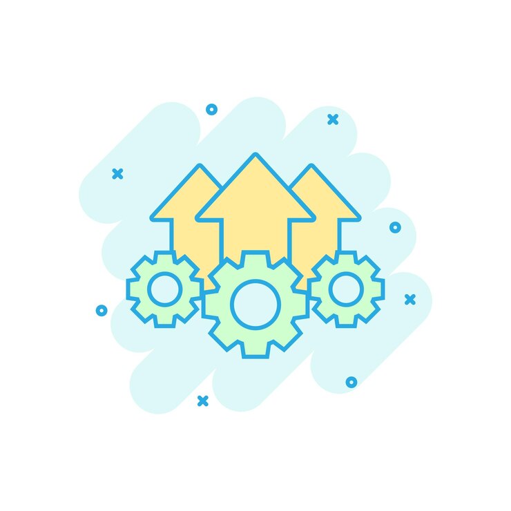 वेक्टर operation project icon in comic style gear process vector cartoon illustration on white isolated background technology produce business concept splash effect