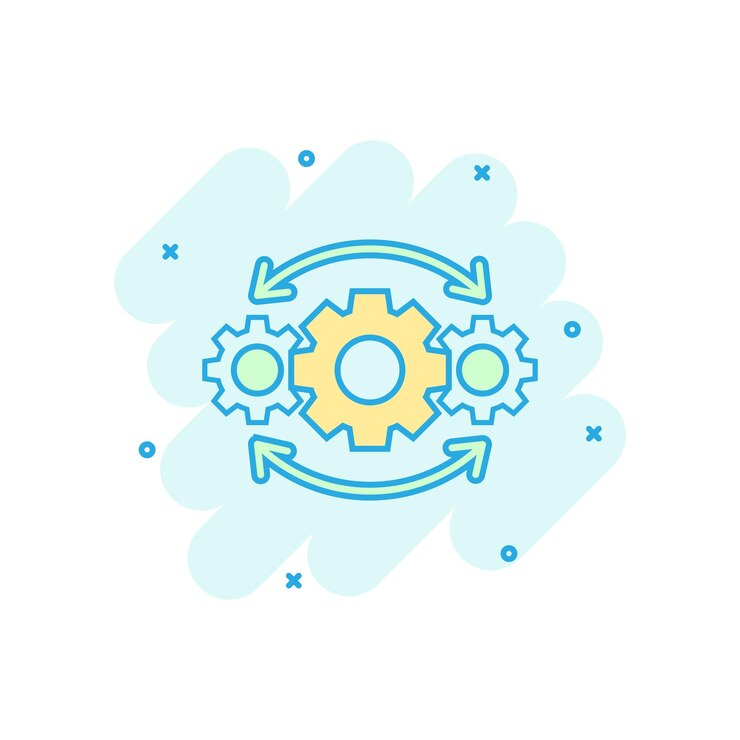 वेक्टर operation project icon in comic style gear process vector cartoon illustration on white isolated background technology produce business concept splash effect