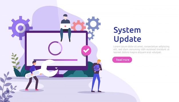 Operation system update progress concept. data synchronize process and installation program. illustration web landing page template, banner, presentation, UI, poster, ad, promotion or print media.