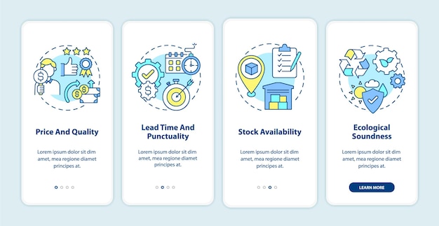 operations management effectiveness metrics onboarding mobile app page screen. control walkthrough 4 steps graphic instruction with concept. ui, ux, gui vector template with linear color illustrations