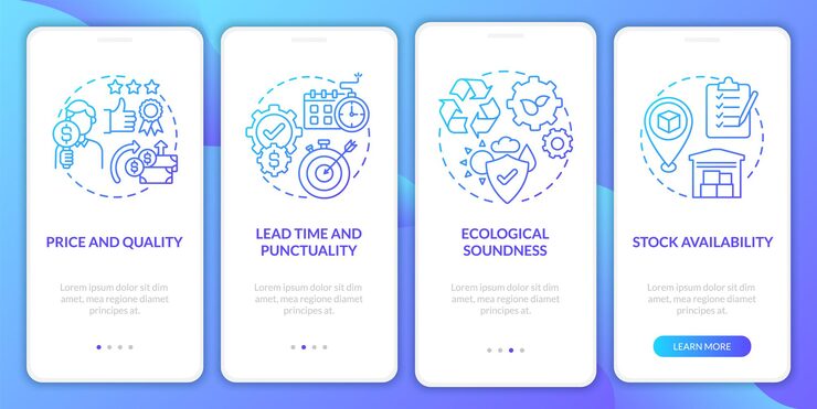 Vector operations management metrics gradient onboarding mobile app page screen. control walkthrough 4 steps graphic instruction with concept. ui, ux, gui vector template with linear color illustrations