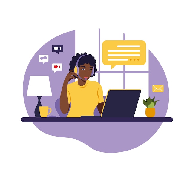 Operator african girl with computer, headphones and microphone. outsource, consulting, job online, remove job. call center. flat illustration on white background.