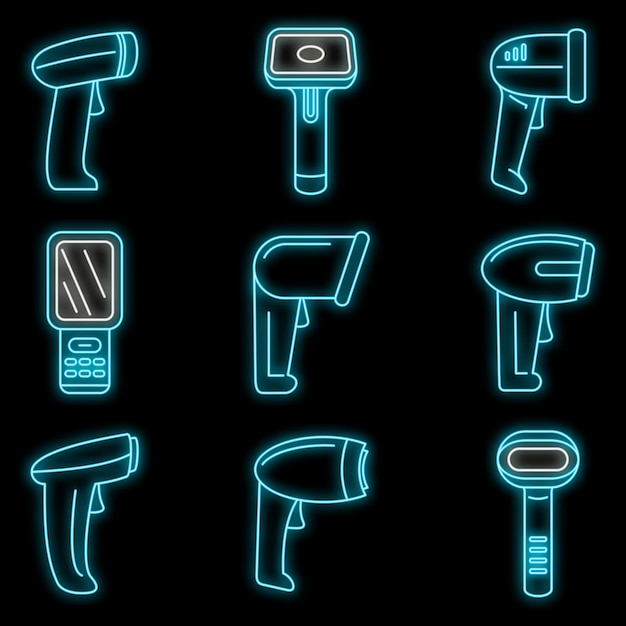 Vector operator barcode scanner iconen set outline set van operator barcode scaner vector iconen neon kleur op zwart