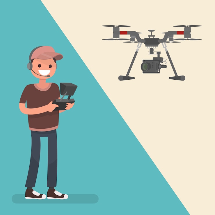 Vector the operator controls the quadrocopter with a professional camera. shooting close-ups from the air.