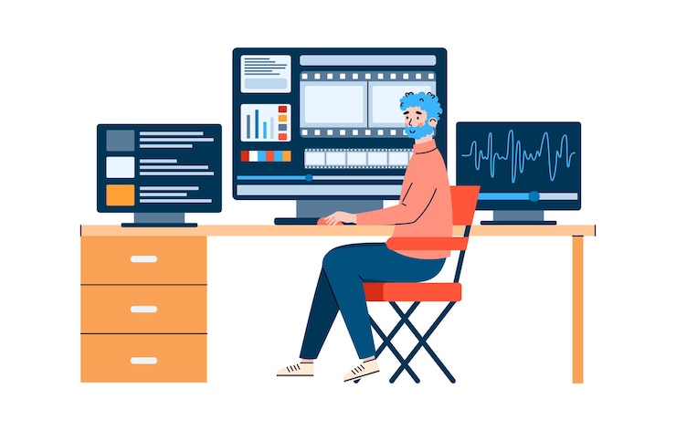 Vector operator works on studio equipment for film editing illustration isolated