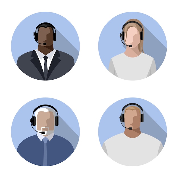 Operators men and women online wearing headphones with a microphone headset