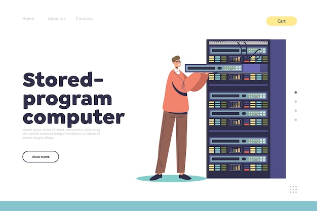 Opgeslagen programmacomputerconcept van bestemmingspagina met servicebeheerder die in serverruimte werkt