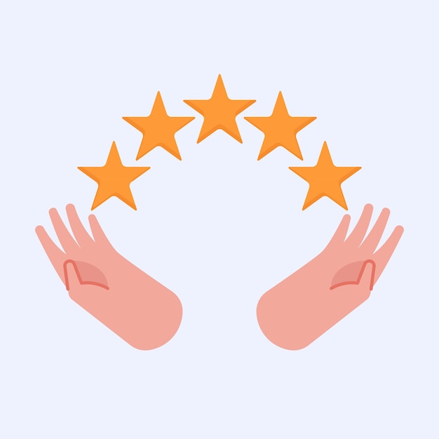 Opgestoken handen geven vijf sterren voor klantbeoordeling