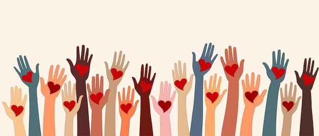 Vector opgestoken handen van vrijwilligers die een hart vasthouden mensen diversiteit liefdadigheidsdonatie ngo hulp