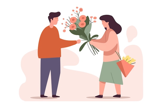 Opgetogen vrouw ontvangt bloemen van bezorger Blij meisje krijgt bloemstuk voor verjaardag of jubileum Vectorafbeelding