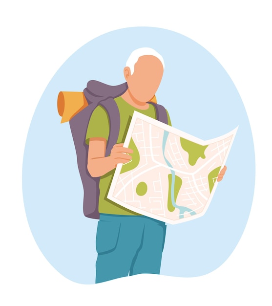 Opgewonden backpacker met kaart Mannelijke karakter bestudeert stadsplattegrond Het vinden van de juiste manier en positieve emoties Wandeltochten voor ouderen Kleur vectorafbeelding in vlakke stijl